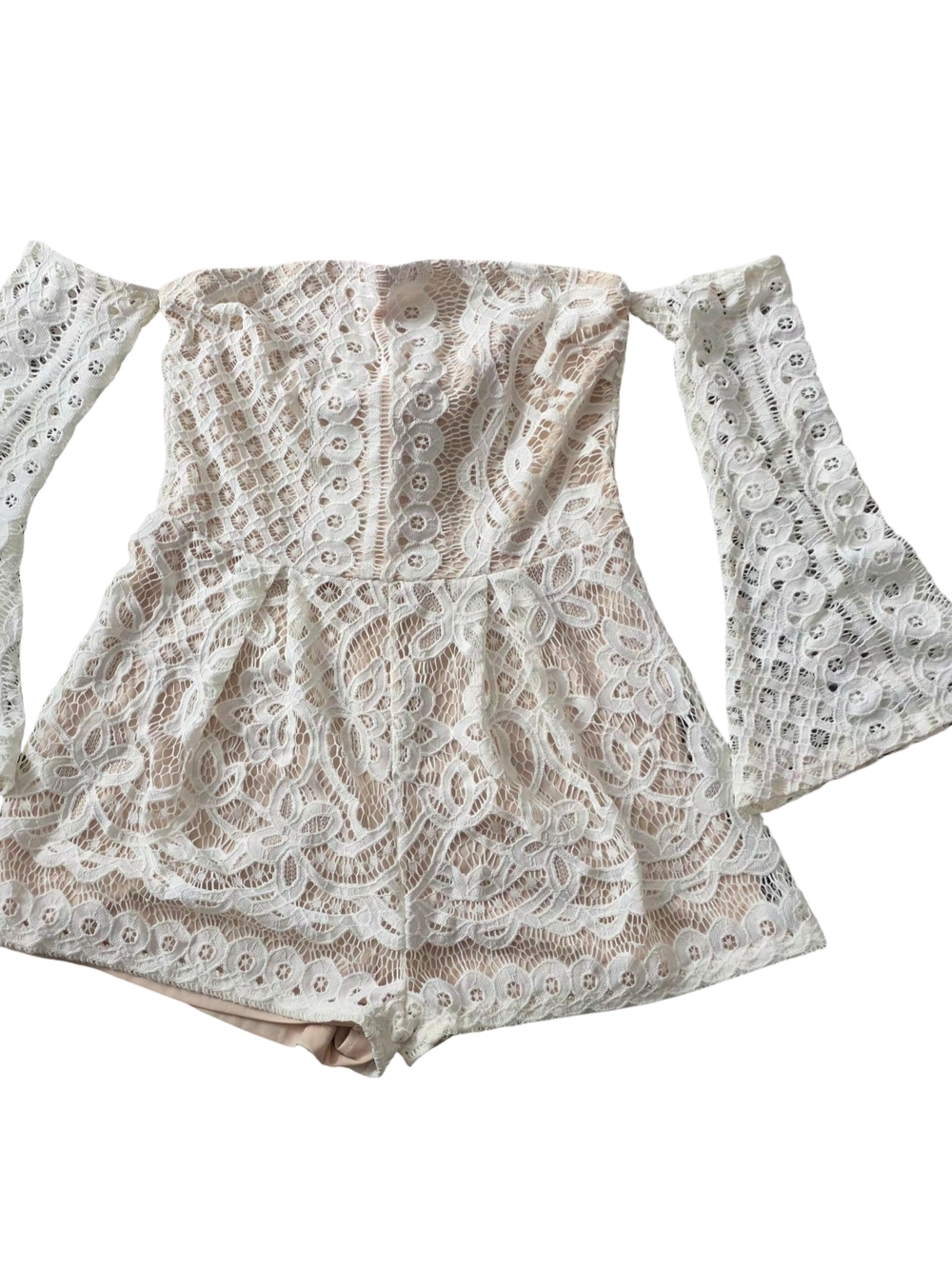 privy White Lace High-Waist Off-Shoulder Shorts Romper